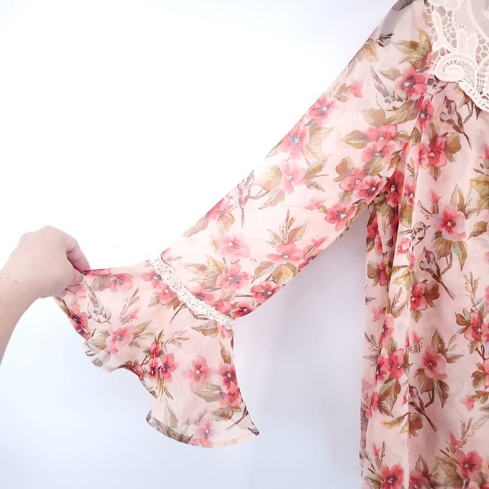 Disney Lauren Conrad Collab Sheer Lace Floral Blouse Bell Sleeve Lace Neckline M - Picture 5 of 14